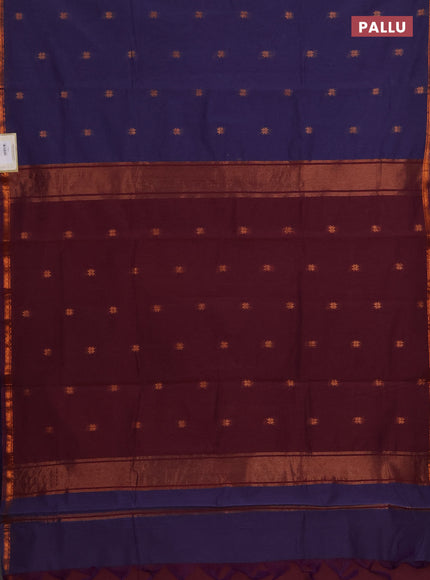 Semi maheswari cotton saree violet shade and maroon with copper zari woven buttas and small copper zari woven border