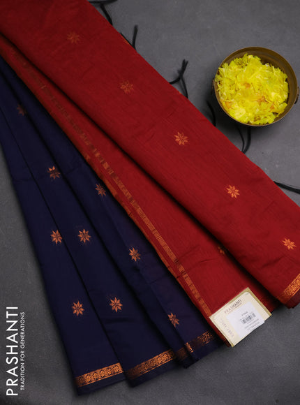 Semi maheswari cotton saree navy blue and maroon with copper zari woven buttas and small copper zari woven border