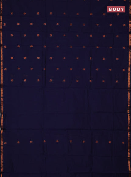 Semi maheswari cotton saree navy blue and maroon with copper zari woven buttas and small copper zari woven border