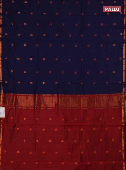 Semi maheswari cotton saree navy blue and maroon with copper zari woven buttas and small copper zari woven border