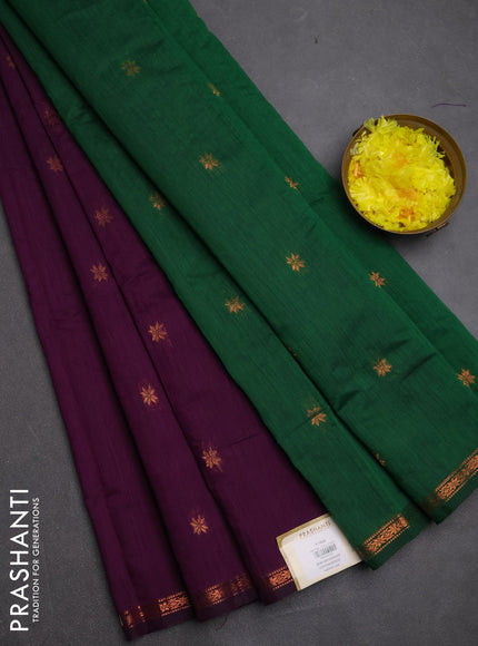Semi maheswari cotton saree purple and green with copper zari woven buttas and small zari woven border