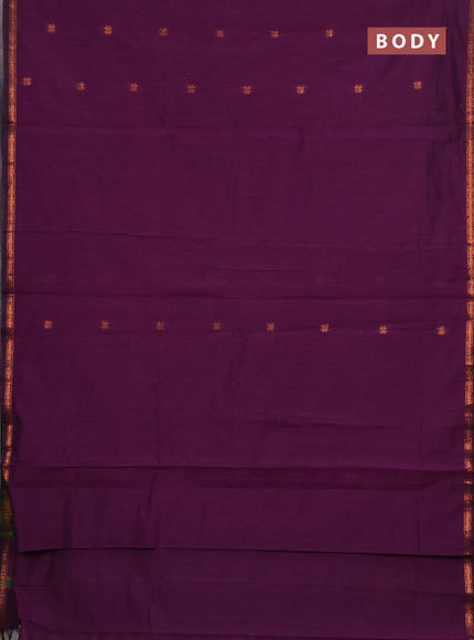 Semi maheswari cotton saree purple and green with copper zari woven buttas and small zari woven border