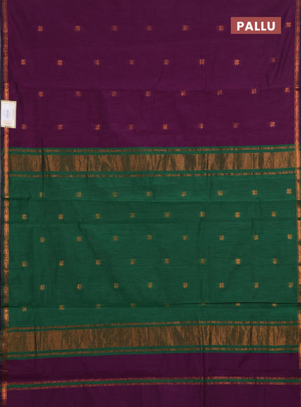 Semi maheswari cotton saree purple and green with copper zari woven buttas and small zari woven border