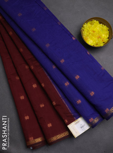 Semi maheswari cotton saree dark maroon and blue with copper zari woven buttas and small zari woven border