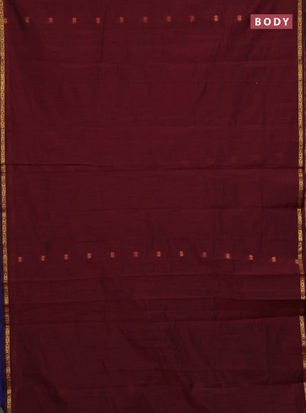 Semi maheswari cotton saree dark maroon and blue with copper zari woven buttas and small zari woven border