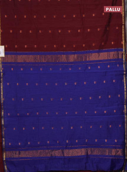 Semi maheswari cotton saree dark maroon and blue with copper zari woven buttas and small zari woven border