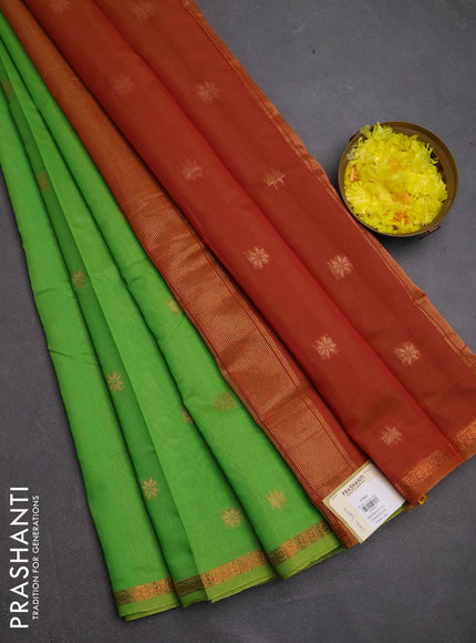 Semi maheswari cotton saree light green and dual shade of rustic orange with zari woven buttas and small zari woven border