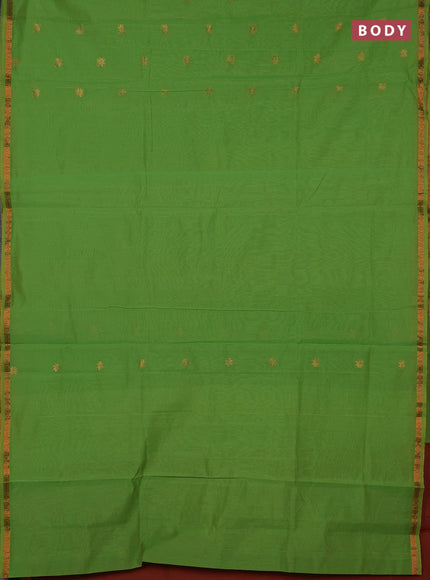 Semi maheswari cotton saree light green and dual shade of rustic orange with zari woven buttas and small zari woven border