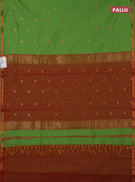 Semi maheswari cotton saree light green and dual shade of rustic orange with zari woven buttas and small zari woven border