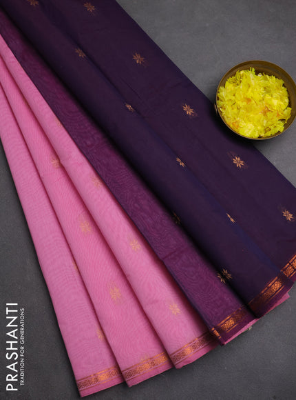 Semi maheswari cotton saree light pink and deep purple with zari woven buttas and small copper zari woven border