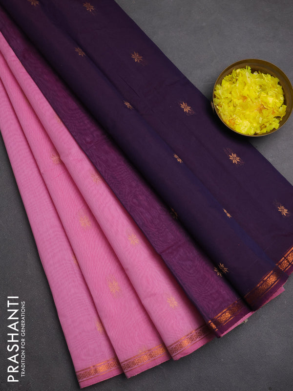 Semi maheswari cotton saree light pink and deep purple with zari woven buttas and small copper zari woven border