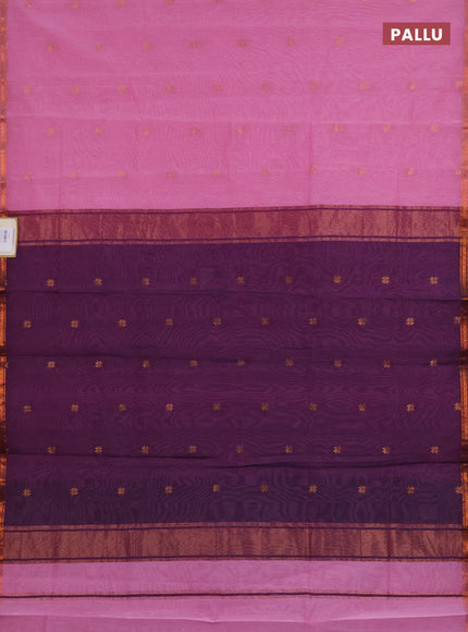 Semi maheswari cotton saree light pink and deep purple with zari woven buttas and small copper zari woven border