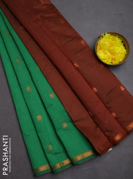 Semi maheswari cotton saree green and brown with copper zari woven buttas and small copper zari woven border