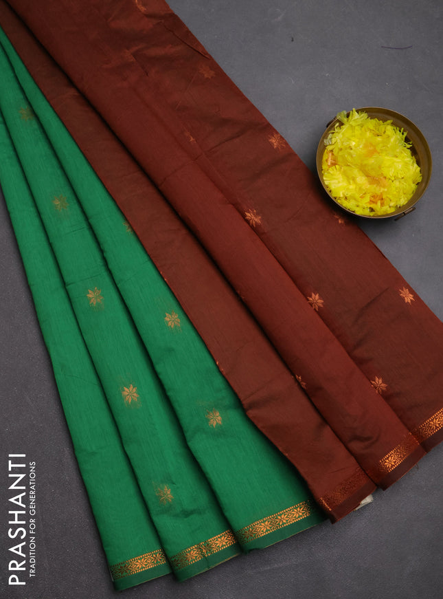 Semi maheswari cotton saree green and brown with copper zari woven buttas and small copper zari woven border
