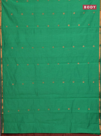 Semi maheswari cotton saree green and brown with copper zari woven buttas and small copper zari woven border