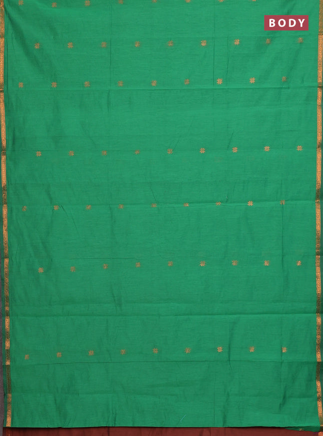 Semi maheswari cotton saree green and brown with copper zari woven buttas and small copper zari woven border