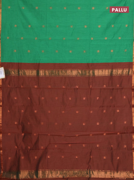 Semi maheswari cotton saree green and brown with copper zari woven buttas and small copper zari woven border