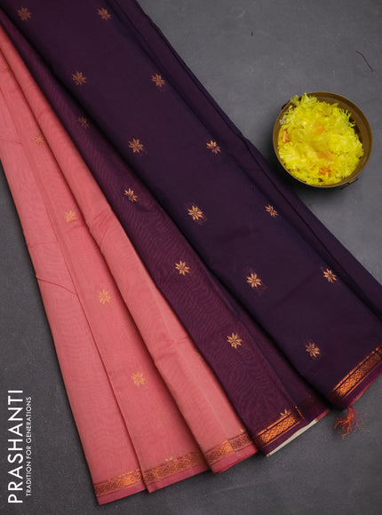 Semi maheswari cotton saree peach  and deep purple with copper zari woven buttas and small copper zari woven border