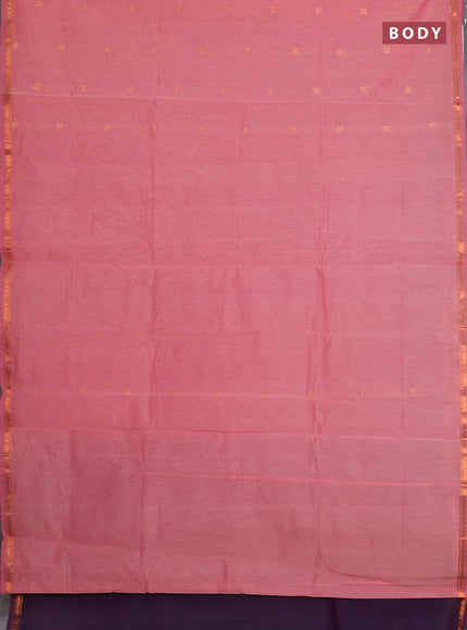 Semi maheswari cotton saree peach  and deep purple with copper zari woven buttas and small copper zari woven border
