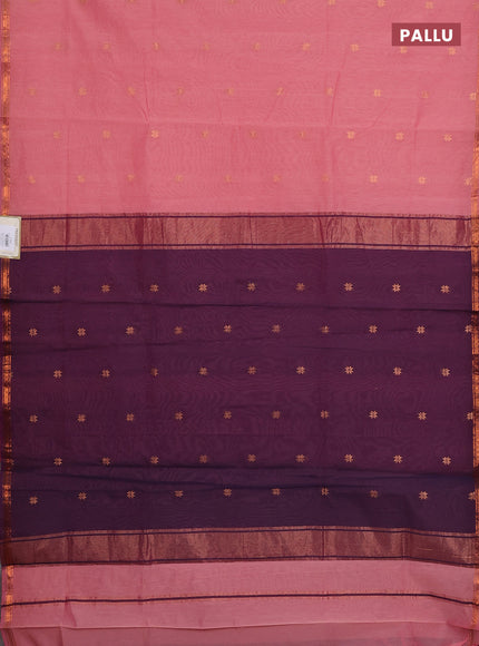 Semi maheswari cotton saree peach  and deep purple with copper zari woven buttas and small copper zari woven border