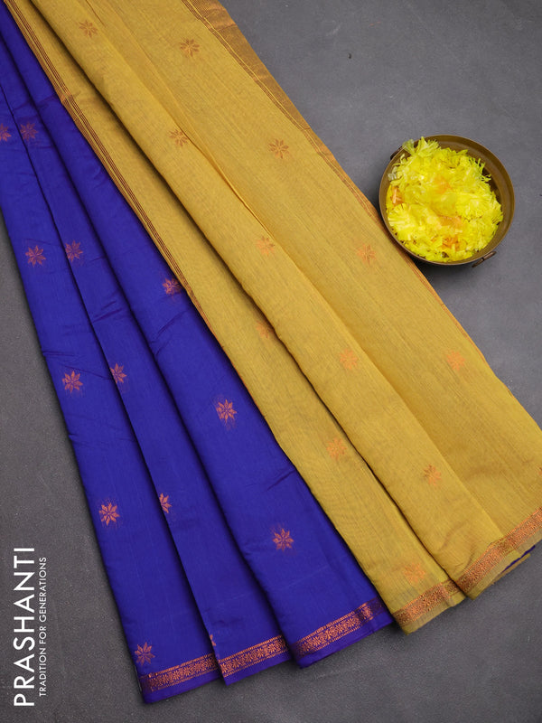 Semi maheswari cotton saree royal blue and  with copper zari woven buttas and small copper zari woven border