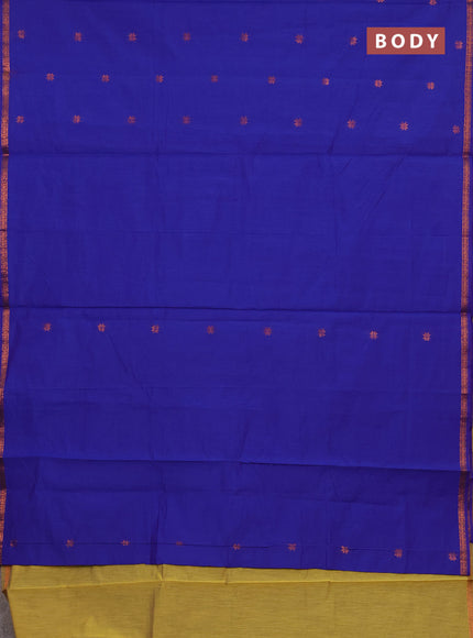 Semi maheswari cotton saree royal blue and  with copper zari woven buttas and small copper zari woven border