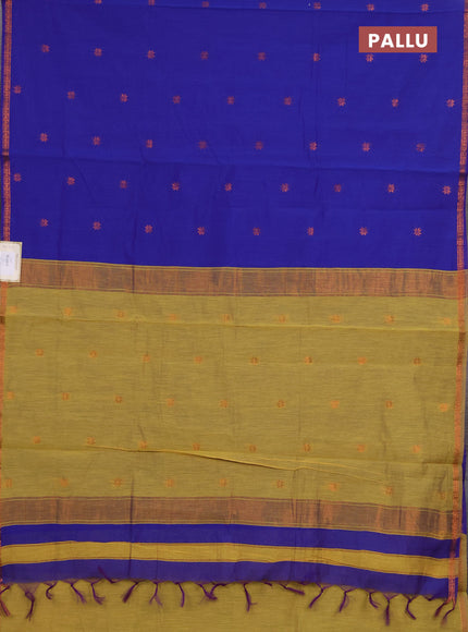 Semi maheswari cotton saree royal blue and  with copper zari woven buttas and small copper zari woven border