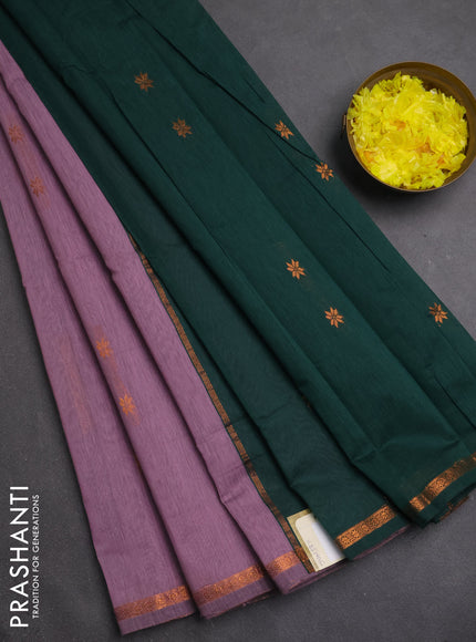Semi maheswari cotton saree rosy brown and green with copper zari woven buttas and small copper zari woven border