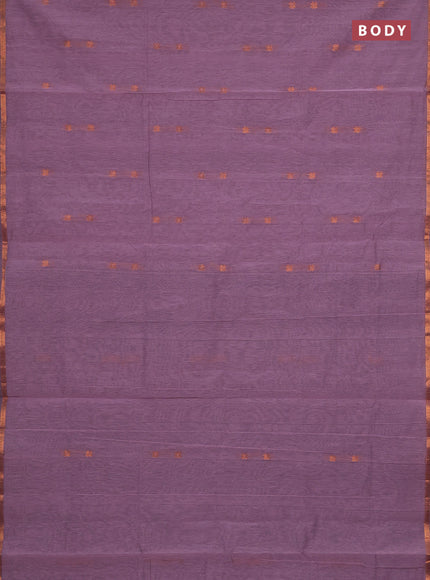 Semi maheswari cotton saree rosy brown and green with copper zari woven buttas and small copper zari woven border