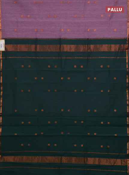 Semi maheswari cotton saree rosy brown and green with copper zari woven buttas and small copper zari woven border