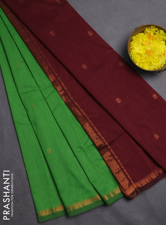 Semi maheswari cotton saree green and maroon with copper zari woven buttas and small copper zari woven border
