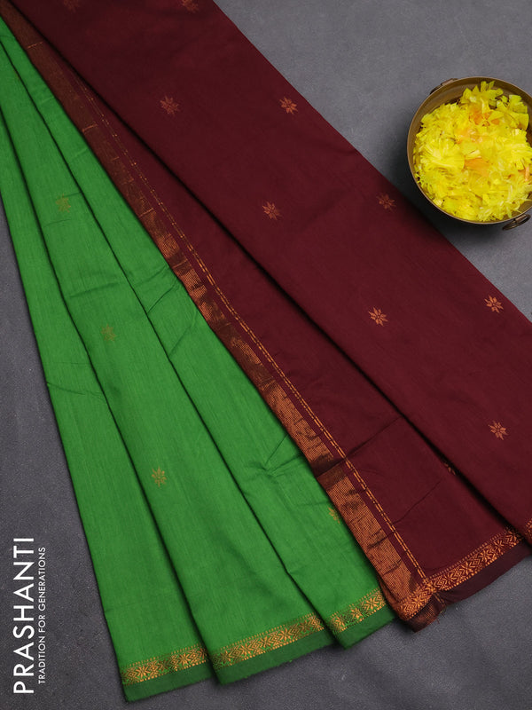 Semi maheswari cotton saree green and maroon with copper zari woven buttas and small copper zari woven border