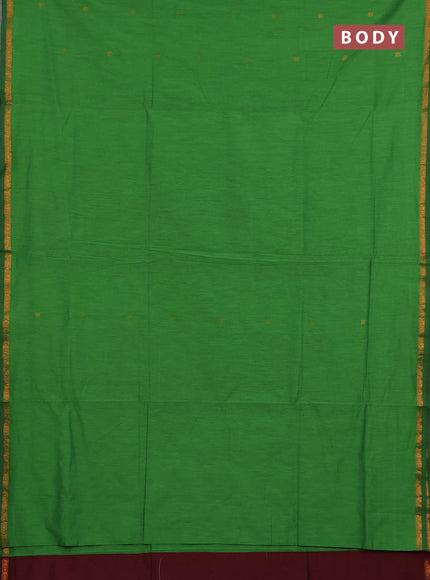 Semi maheswari cotton saree green and maroon with copper zari woven buttas and small copper zari woven border
