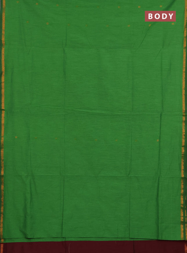 Semi maheswari cotton saree green and maroon with copper zari woven buttas and small copper zari woven border