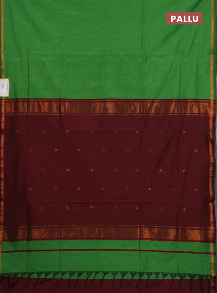 Semi maheswari cotton saree green and maroon with copper zari woven buttas and small copper zari woven border