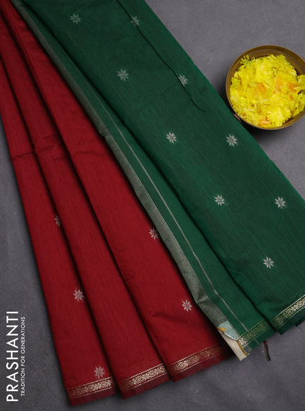 Semi maheswari cotton saree maroon and green with silver zari woven buttas and small zari woven border