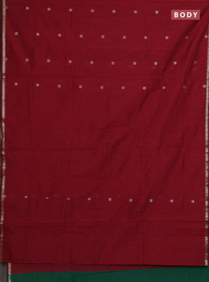 Semi maheswari cotton saree maroon and green with silver zari woven buttas and small zari woven border
