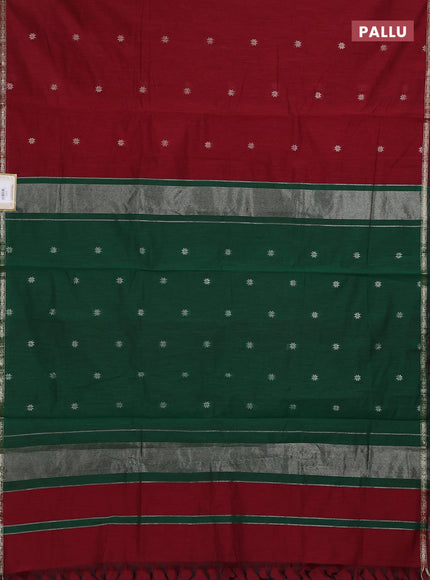 Semi maheswari cotton saree maroon and green with silver zari woven buttas and small zari woven border
