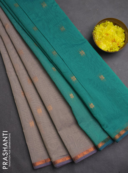 Semi maheswari cotton saree grey and green with copper zari woven buttas and small copper zari woven border