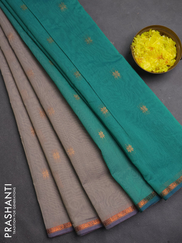 Semi maheswari cotton saree grey and green with copper zari woven buttas and small copper zari woven border