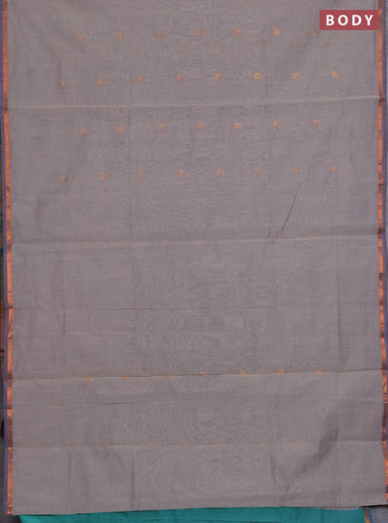 Semi maheswari cotton saree grey and green with copper zari woven buttas and small copper zari woven border