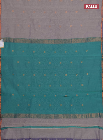 Semi maheswari cotton saree grey and green with copper zari woven buttas and small copper zari woven border