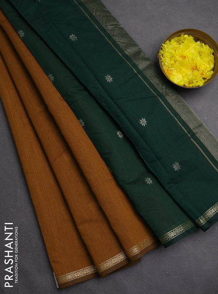 Semi maheswari cotton saree dark mustard yellow and bottle green with silver zari woven buttas and small zari woven border