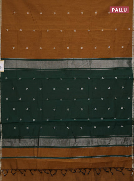 Semi maheswari cotton saree dark mustard yellow and bottle green with silver zari woven buttas and small zari woven border