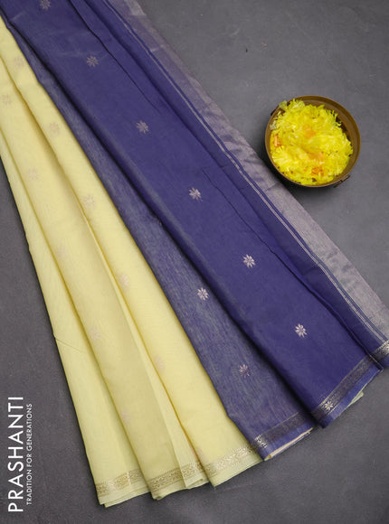 Semi maheswari cotton saree pale yellow and blue shade with zari woven buttas and small zari woven border