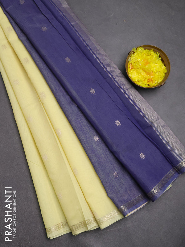Semi maheswari cotton saree pale yellow and blue shade with zari woven buttas and small zari woven border