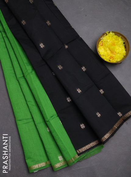 Semi maheswari cotton saree green and black with zari woven buttas and small zari woven border