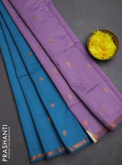 Semi maheswari cotton saree cs blue and pastel purple with copper zari woven buttas and small copper zari woven border