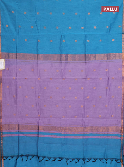 Semi maheswari cotton saree cs blue and pastel purple with copper zari woven buttas and small copper zari woven border
