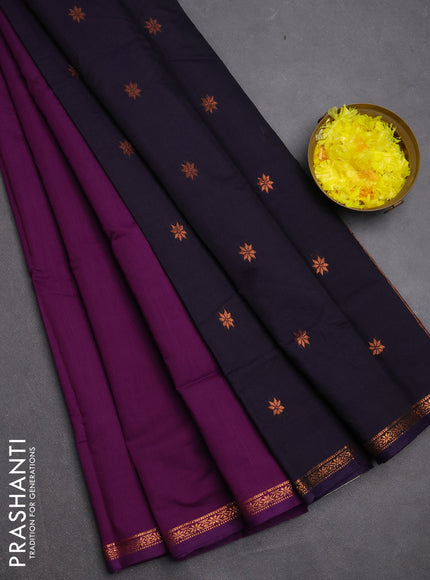 Semi maheswari cotton saree purple and jamun with copper zari woven buttas and small copper zari woven border